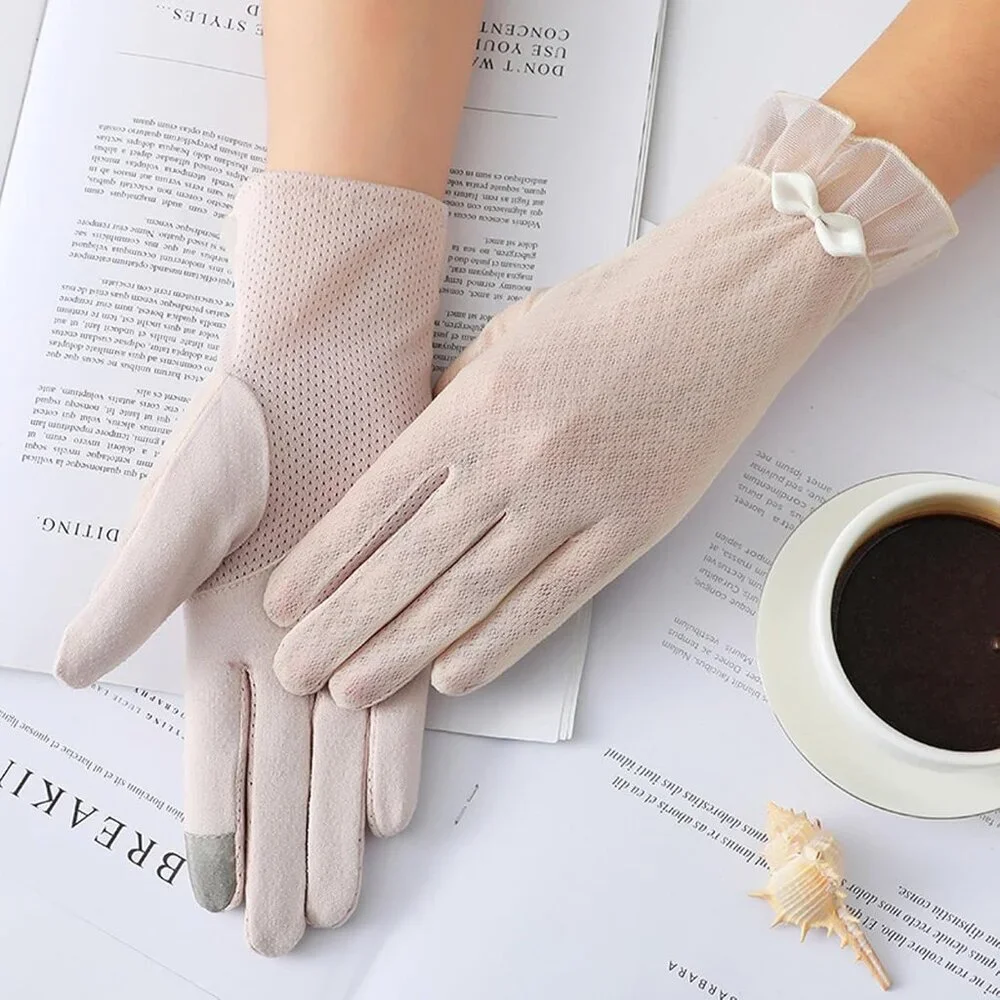 Women's Stylish Bow Short Lace Beige Gloves Fabric Design Summer Protection